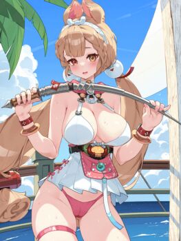 1girl alice_thymefield alice_thymefield_(sea_of_thyme) animal_ears animated animated_gif bikini blinking blue_sky blush bouncing_breasts breasts brown_hair cameltoe dress heterochromia holding holding_sword holding_weapon large_breasts long_hair official_alternate_costume pink_bikini rabbit_ears rabbit_girl red_eyes sky solo swimsuit sword thigh_strap thighs twintails very_long_hair waterring weapon white_dress yellow_eyes zenless_zone_zero
