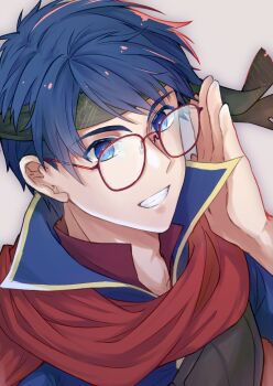 1boy adjusting_eyewear bespectacled blue_eyes blue_hair fire_emblem fire_emblem:_path_of_radiance glasses grin hand_on_eyewear headband highres ike_(fire_emblem) looking_at_viewer male_focus mochi88543 nintendo short_hair simple_background smile solo teeth