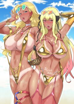 2girls animal_print armpits artist_request bangle beach bikini blonde_hair blue_eyes blush bracelet breast_tattoo breasts choker cleavage clothing_cutout dark-skinned_female dark_skin earrings elbow_gloves fellatio_gesture garter_straps gloves gluteal_fold gold_bikini gyaru heart heart-shaped_eyewear heart_cutout highres hoop_earrings huge_breasts jewelry large_breasts long_hair multicolored_hair multiple_girls navel necklace o-ring ocean open_mouth outdoors pink_eyes pink_hair revealing_clothes sagattoru shatte_judevesten skindentation slingshot_swimsuit star_(symbol) star_tattoo sunglasses sunglasses_on_head super_robot_wars super_robot_wars_dd swan_white sweat swimsuit tan tanline tattoo thigh_gap thighhighs tongue tongue_out two-tone_hair yuusha_ou_gaogaigar yuusha_series