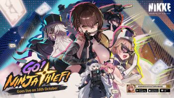 6+girls absurdres black_capelet black_gloves black_hat blue_eyes blue_hat blue_skirt braid breasts brown_eyes brown_hair building cape capelet cleavage commander_(nikke) commentary delta_(nikke) delta_(ninja_thief)_(nikke) elbow_gloves english_commentary eye_mask gloves goddess_of_victory:_nikke green_eyes grey_hair hat highres holding holding_kunai holding_weapon knife_in_mouth kunai large_breasts long_hair looking_afar mask multiple_girls ninja official_art open_mouth phantom_(nikke) pink_eyes pink_hair poli_(nikke) police police_uniform policewoman purple_eyes quency_(escape_queen)_(nikke) quency_(nikke) quiry_(nikke) short_hair skirt skyscraper teeth upper_teeth_only weapon white_cape white_gloves white_hair