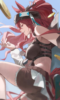 1girl absurdres animal_ears arknights ass bare_shoulders belt blurry breasts brown_belt brown_headband brown_jacket brown_shirt brown_shorts chinese_commentary coin commentary_request crop_top cropped_shirt detached_sleeves earrings feet_out_of_frame floating_hair from_behind hair_between_eyes hand_up headband highres horse_ears horse_girl horse_tail jacket jacket_partially_removed jewelry jinsei_tsuraiman large_breasts long_bangs long_hair looking_at_viewer narantuya_(arknights) red_eyes red_hair ring shirt short_shorts shorts sleeveless sleeveless_shirt smile solo tail thigh_strap thighs white_sleeves