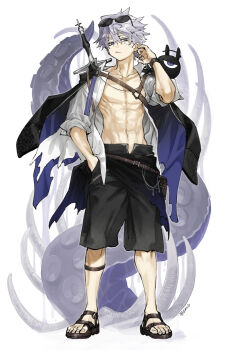 Rule 34 | 1boy, abs, black male swimwear, black sandals, blue eyes, closed mouth, collared shirt, eyewear on head, grey hair, hand in pocket, highres, jacket, jacket on shoulders, male focus, male swimwear, original, sandals, sasako mitomo, scar, scar across eye, scar on face, shirt, simple background, solo, standing, sunglasses, sword, tentacles, toned, toned male, torn clothes, weapon, weapon on back, white shirt