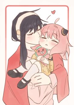 Rule 34 | 1boy, 1girl, adoptive parent and adoptive child, ahoge, anya (spy x family), black hair, blush, carrying, carrying person, closed eyes, commentary request, director chimera (spy x family), eden academy school uniform, hairband, hairpods, heart, highres, holding, holding stuffed toy, kiss, kissing cheek, kneehighs, korean commentary, mother and daughter, pink hair, pink sweater, red scarf, scarf, school uniform, siro666b, socks, spy x family, stuffed animal, stuffed toy, sweater, turtleneck, turtleneck sweater, white hairband, white socks, yor briar