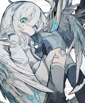 1girl absurdres angel aqua_eyes bandaid bandaid_on_leg black_boots boots coat commentary expressionless feathered_wings gauze_on_knee hair_between_eyes halo hand_up high_collar highres invisible_chair knee_boots long_hair long_sleeves original parted_lips sitting sleeves_past_fingers sleeves_past_wrists solo soresaki tareme white_coat white_halo white_wings wings