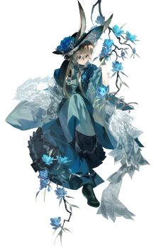 1girl absurdres amiya_(arknights) animal_ears arknights black_dress black_gloves black_shoes blue_dress blue_flower branch brown_hair dare_no_inarikami dress dress_shoes ears_through_headwear flower flower_in_hat flower_on_head frilled_dress frills gloves highres layered_dress long_sleeves patterned_clothing rabbit_ears shoes simple_background sitting sleeves_rolled_up solo white_background