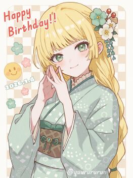 1girl alternate_costume blonde_hair blue_kimono blush braid braided_ponytail breasts closed_mouth commentary_request fire_emblem fire_emblem:_three_houses flower green_eyes green_kimono hair_flower hair_ornament happy_birthday highres ingrid_brandl_galatea japanese_clothes kimono long_hair long_sleeves looking_at_viewer nintendo obi sash small_breasts smile solo yuurururun
