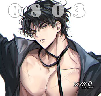 1boy black_eyes black_hair black_shirt collar collared_shirt commentary cross_scar curtained_hair dated head_tilt leash looking_at_viewer male_focus multiple_scars omniscient_reader&#039;s_viewpoint open_clothes open_shirt parted_lips pectorals scar scar_on_chest shirt short_hair solo symbol-only_commentary toned toned_male xiro yoo_joonghyuk