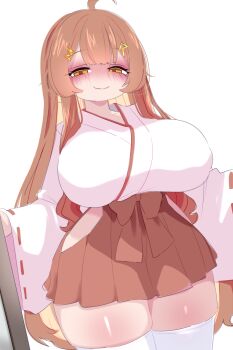 1girl ahoge blush bow breasts brown_eyes brown_hair collarbone hair_ornament hairclip hakama hakama_skirt highres huge_breasts indie_virtual_youtuber japanese_clothes kukuchi581 long_hair long_sleeves looking_at_viewer miko minami_rin_(vtuber) red_bow red_hakama shirt skirt smile standing thick_thighs thighhighs thighs virtual_youtuber white_background white_shirt white_thighhighs wide_hips wide_sleeves