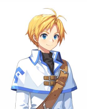 Rule 34 | 1boy, absurdres, antenna hair, arms at sides, artist request, belt, blonde hair, blue pupils, blue trim, brown belt, capelet, capelet belt, closed mouth, coat, curtained hair, game cg, highres, large belt, light blush, long sleeves, lucian kaltz, male focus, nexon, official art, pants, parted lips, print capelet, second-party source, shirt, short hair, shoulder belt, simple background, smile, solo, split mouth, tales weaver, tales weaver: second run, transparent background, turtleneck, turtleneck shirt, undershirt, upper body, white capelet, white coat, white sleeves, wing collar