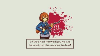 Rule 34 | 1girl, ak-47, assault rifle, brown eyes, brown hair, dialogue box, english text, gun, hirasawa yui, holding, holding gun, holding weapon, k-on!, kalashnikov rifle, kam2d, long sleeves, looking to the side, pantyhose, pixel art, rifle, sakuragaoka high school uniform, school uniform, skirt, smile, solo, weapon