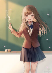 Rule 34 | 1girl, :d, black skirt, blazer, blue bow, blush, bow, brown eyes, brown hair, brown jacket, chalk, chalkboard, collared shirt, commentary request, dress shirt, feet out of frame, holding, jacket, long hair, looking at viewer, midorikawa you, open mouth, original, parted bangs, petals, pleated skirt, school uniform, shirt, skirt, smile, solo, translation request, twitter username, very long hair, white shirt