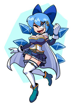 1girl alternate_breast_size_(larger) aqua_shoes blue_bow blue_eyes blue_hair blue_sky bow breasts cape cirno cleavage commentary commission cosplay detached_wings english_commentary fang fortissimo full_body hair_bow hair_ornament highres ice ice_wings kevin_arthur large_breasts mahou_shoujo_madoka_magica miki_sayaka miki_sayaka_(cosplay) miki_sayaka_(magical_girl) miniskirt musical_note musical_note_hair_ornament one_eye_closed pleated_skirt shoes short_hair skirt sky smile solo thighhighs touhou white_cape white_thighhighs wings