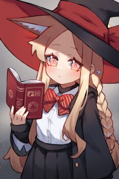 1girl animal_ears black_hat black_jacket black_skirt blonde_hair blue_archive book bow bowtie braid closed_mouth collared_shirt cosplay diagonal-striped_bow diagonal-striped_bowtie diagonal-striped_clothes eri_(blue_archive) eri_(blue_archive)_(cosplay) extra_ears fox_ears fox_girl grey_background hat highres holding holding_book jacket long_hair long_sleeves miya_(miyaruta) pink_eyes pleated_skirt red_bow red_bowtie seia_(blue_archive) shirt simple_background skirt sleeves_past_wrists solo striped_bow striped_bowtie striped_clothes white_shirt witch_hat