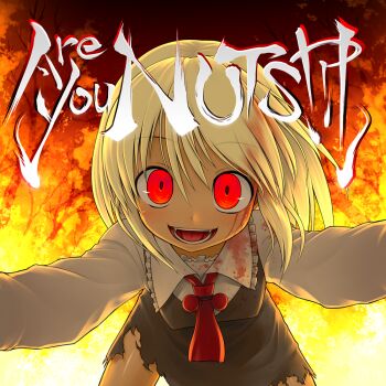 1girl album_cover blonde_hair blood blood_in_hair blood_on_clothes blood_on_face cover crazy crazy_eyes crazy_smile dress ebizome embodiment_of_scarlet_devil english_text ex-rumia fangs female_focus fire hair_ribbon looking_at_viewer pov red_eyes ribbon rumia short_hair smile solo torn_clothes torn_dress touhou wiest yandere you_gonna_get_raped