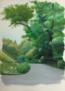 blue_flower bush commentary day fence flower grass harusa1107 highres hill leaf no_humans original outdoors painting_(medium) park path road symbol-only_commentary traditional_media tree white_flower wooden_fence