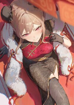 1girl :&gt; belt black_gloves black_skirt breasts brown_hair bun_cover chinese_clothes cleavage crossed_legs double_bun feather_boa floral_print floral_print_shirt floral_print_skirt flower_knot furen_e_lustario furen_e_lustario_(7th_costume) gloves gold_belt gold_trim grey_thighhighs hair_between_eyes hair_bun half-closed_eyes highres kouchanthree lace lace_gloves large_breasts lips long_bangs looking_at_viewer nijisanji official_alternate_costume print_skirt red_eyes red_rope red_shirt rope see-through_cleavage see-through_clothes shirt short_hair side_slit sidelocks sitting skirt sleeveless sleeveless_shirt smile solo tassel thighhighs virtual_youtuber