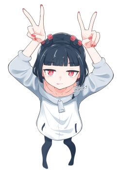 1girl absurdres arms_up artist_name black_hair black_hairband black_pantyhose blunt_bangs bright_pupils commentary_request double_v grey_sweater hairband highres jitomi_monoe long_sleeves looking_at_viewer magnet no_shoes pantyhose red_eyes red_nails sasso64 signature simple_background smile sweater tongue tongue_out two-tone_sweater v virtual_youtuber voms white_background white_pupils white_sweater zipper_pull_tab