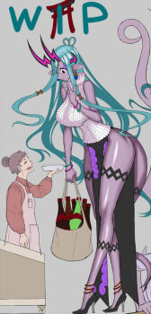 2girls alcohol bracelet breasts colored_skin earrings fate/grand_order fate_(series) high_heels honjou_raita horms ibuki_douji_(fate) jewelry large_breasts long_hair markings multiple_girls oni pointy_ears purple_skin shiny_skin tail tall_female thick_thighs thighs unfinished