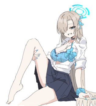 1girl :d aqua_bow aqua_bowtie aqua_bra aqua_eyes aqua_nails aqua_panties asuna_(blue_archive) asuna_(school_uniform)_(blue_archive) barefoot black_skirt blue_archive bow bowtie bra breasts cleavage grin hair_over_one_eye halo large_breasts long_hair lowres nail_polish nyaru_(nyaru_4126) open_mouth panties shirt simple_background skirt smile solo teeth underwear very_long_hair white_background white_shirt