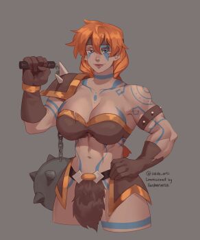 1girl ahoge armor ball_and_chain_(weapon) barbarian blue_eyes bodypaint breasts celtic female_barbarian gardnerverse gloves hand_on_own_hip headband highres holding holding_weapon large_breasts lips long_hair looking_at_viewer muscular muscular_female orange_hair sam_gardner sam_the_barbarian shoulder_armor solo_focus tattoo thick_thighs thighs upper_body valda_arts viking weapon