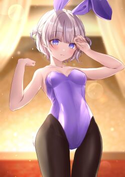 1girl absurdres alternate_costume animal_ears arm_up black_pantyhose blonde_hair blush breasts cleavage closed_mouth commentary_request fake_animal_ears highres hololive hololive_dev_is leotard looking_at_viewer medium_hair pantyhose playboy_bunny purple_eyes purple_leotard purple_streaks rabbit_ears shagaihi small_breasts solo todoroki_hajime two_side_up virtual_youtuber