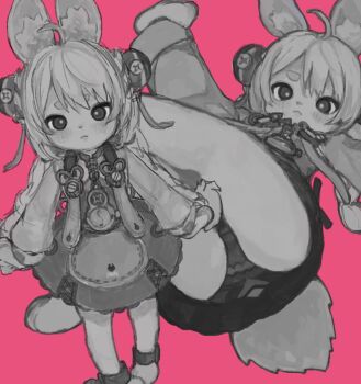 1girl ahoge animal_ear_fluff animal_ears braid bright_pupils eriksu long_hair looking_at_viewer panties piercing pink_hair rabbit_ears rabbit_girl short_eyebrows solo thick_eyebrows toes twin_braids underwear white_fur white_pupils zenless_zone_zero zhao_(zenless_zone_zero)