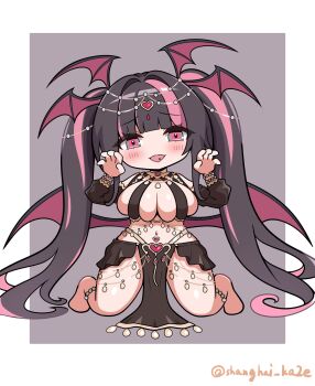 1girl azur_lane black_hair breasts chibi chibi_only claw_pose commentary_request dancer grey_background hands_up highres jewelry kneeling large_breasts long_hair midriff multicolored_hair navel official_alternate_costume pelvic_curtain piercing pink_eyes pink_hair pink_streaks prinz_moritz_(azur_lane) prinz_moritz_(the_genie's_game)_(azur_lane) shanghai_kani simple_background solo stomach streaked_hair tongue tongue_out tongue_piercing twintails twitter_username very_long_hair