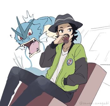 1boy ? arm_up black_hair brown_eyes cup drinking fangs fins gen_1_pokemon gyarados hand_in_pocket hat head_fins jacket long_sleeves looking_to_the_side male_focus multicolored_jacket nintendo open_clothes open_jacket paxton_(pokemon) pokemon pokemon_(creature) pokemon_legends:_z-a sanae-aragaki shirt sitting solo twitter_username two-tone_jacket unfinished white_background white_shirt