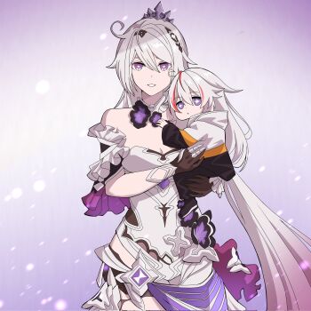 Rule 34 | 2girls, artist request, baby, bare shoulders, breasts, cleavage, clothing cutout, commentary, detached collar, detached sleeves, english commentary, formal clothes, frilled sleeves, frills, gradient hair, grey hair, hair between eyes, hair ornament, hairclip, headpiece, high ponytail, highres, honkai (series), honkai impact 3rd, hood, hood down, jacket, kiana kaslana, kiana kaslana (herrscher of finality), long hair, long sleeves, looking at viewer, looking to the side, medium breasts, mother and child, mother and daughter, multicolored eyes, multicolored hair, multiple girls, original, pants, parent and child, parted lips, ponytail, purple background, purple eyes, second-party source, short sleeves, side ahoge, solo focus, star-shaped pupils, star (symbol), streaked hair, suit, symbol-shaped pupils, tiara