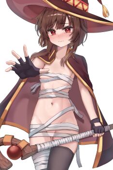 1girl absurdres asymmetrical_legwear bandaged_chest bandaged_leg bandages black_cape black_gloves black_thighhighs blush breasts brown_hair cape chinese_commentary closed_mouth collarbone commentary_request fingerless_gloves gloves groin hat highres holding holding_staff kono_subarashii_sekai_ni_shukufuku_wo! looking_at_viewer loose_bandages mage_staff megumin mismatched_legwear naked_bandage naked_cape no_bra no_panties rate_aato reaching reaching_towards_viewer red_eyes short_hair_with_long_locks simple_background single_thighhigh small_breasts solo staff stomach thighhighs white_background witch_hat