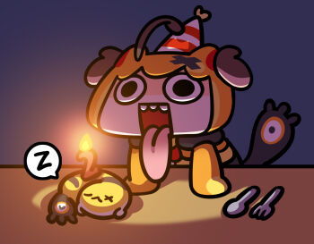 Rule 34 | ahoge, brown hair, curled up, fire, fork, gigi murin, grem (gigi murin), hat, highres, hololive, hololive english, keenbiscuit, open mouth, party hat, sleeping, smile, spoken zzz, spoon, table, tail, tongue, tongue out, twintails, virtual youtuber, zzz