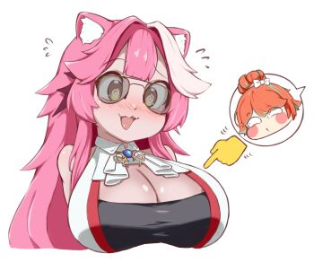 2girls @_@ animal_ears ascot bare_shoulders blue_gemstone blush blush_stickers bow breasts cleavage collared_shirt commentary flying_sweatdrops gem green_hair hair_bow hair_bun hair_intakes hashtag-only_commentary highres hololive hololive_english hsiungmao huge_breasts long_hair multicolored_hair multiple_girls open_mouth orange_hair panther_ears panther_girl pink_hair raora_panthera raora_panthera_(1st_costume) shirt simple_background sleeveless sleeveless_shirt smile solo_focus spoken_character streaked_hair sunglasses takanashi_kiara two-tone_hair virtual_youtuber wavy_mouth white_ascot white_background white_bow white_shirt yellow_eyes