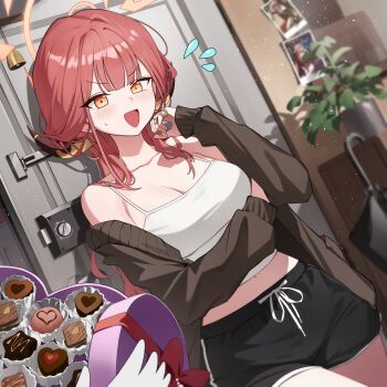 1girl 1other :d absurdres arm_under_breasts aru_(blue_archive) black_shorts blue_archive blurry blush box box_of_chocolates breasts brown_cardigan camisole candy cardigan chocolate chocolate_heart cleavage demon_girl demon_horns depth_of_field dolphin_shorts door doorbell dutch_angle flying_sweatdrops food gift gift_box halo hand_up heart heart-shaped_box heart-shaped_food highres holding holding_gift horns indoors large_breasts long_hair long_sleeves looking_at_viewer midriff navel off_shoulder okkimon open_mouth parasol photo_(object) plant potted_plant red_hair short_shorts shorts smile umbrella v-shaped_eyebrows valentine white_camisole yellow_eyes yellow_halo