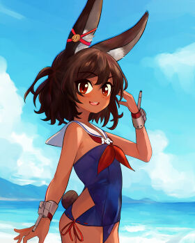 1girl :d absurdres animal_ears azur_lane bare_shoulders beach blush breasts brown_eyes brown_hair cannon commentary commentary_request dark-skinned_female dark_skin day ear_ornament english_commentary from_side hair_between_eyes hand_to_head hand_up happy highres i-26_(azur_lane) medium_hair mixed-language_commentary neckerchief ocean open_mouth orange_eyes outdoors rabbit_ears rabbit_girl rabbit_ornament rabbit_tail red_neckerchief rigging sailor_collar sakura_empire_(emblem) ship_turret side-tie_swimsuit small_breasts smile solo swimsuit tail teeth tsukiyono_aroe upper_teeth_only