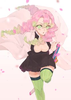 1girl :o aluto025 black_skirt breasts commentary_request demon_slayer_uniform foot_out_of_frame gradient_background green_eyes green_hair green_thighhighs hand_to_weapon haori highres japanese_clothes kanroji_mitsuri katana kimetsu_no_yaiba leg_up long_sleeves looking_at_viewer mole mole_under_each_eye mole_under_eye multicolored_hair multiple_moles open_mouth pink_hair pink_petals pleated_skirt sheath sheathed simple_background skirt solo sword thighhighs tri_braids two-tone_hair weapon white_background