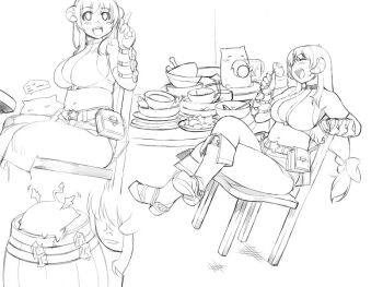 1girl :d barrel belt_pouch bikini bikini_top_only blush bow bowl breasts chair closed_eyes commentary_request curvy demon demon_horns deviruchi eating fold-over_boots food fork full_body glutton greyscale hair_bow holding holding_fork horns large_breasts long_hair low-tied_long_hair mil_(xration) monochrome multiple_views navel open_mouth pouch ragnarok_online short_shorts shorts sitting smile swimsuit table whitesmith_(ragnarok_online)