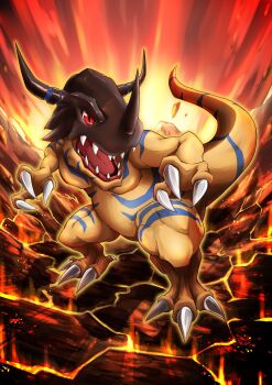 Rule 34 | digimon, digimon (creature), dinosaur, dowa d 715, explosion, full body, greymon, highres, horns, no humans, red eyes, sharp teeth, standing, teeth