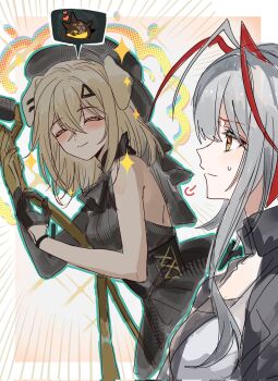 2girls animal_ears antenna_hair arknights bang_dream! bang_dream!_it&#039;s_mygo!!!!! blonde_hair blush chinese_commentary closed_eyes commentary_request dog_ears gameplay_mechanics gloves grey_hair half_gloves highres long_sidelocks medium_hair misumi_uika misumi_uika_(caged_singer) multiple_girls sidelocks sleeveless smile tagme w_(arknights) wis&#039;adel_(arknights) wis&#039;adel_(supernova)_(arknights) zuo_daoxing