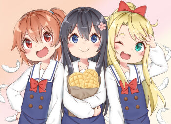 basket black_hair blue_dress blue_eyes blush bow bread brown_eyes brown_hair closed_mouth dress feathers flower food green_eyes hair_bow hair_flower hair_ornament hand_on_own_hip high_ponytail highres himesaka_noa hoshino_hinata long_hair melon_bread one_eye_closed open_mouth pink_flower ponytail red_bow red_eyes sailor_collar sailor_dress school_uniform shikinagi shirosaki_hana shirt smile very_long_hair watashi_ni_tenshi_ga_maiorita! white_feathers white_sailor_collar white_shirt white_wings wings