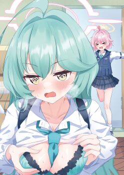 &gt;_&lt; 2girls @_@ absurdres ahoge between_breasts black_skirt blue_archive blue_necktie blush body_switch bra breast_awe breasts bulletproof_vest collared_shirt detached_sleeves embarrassed fang floral_print full_body furrowed_brow grabbing_own_breast green_bra green_hair hair_between_eyes hair_intakes hair_over_shoulder halo hands_up highres hoshino_(blue_archive) hoshino_(first_year)_(blue_archive) huge_ahoge indoors large_breasts long_hair long_sleeves looking_at_viewer miniskirt multiple_girls necktie necktie_between_breasts open_door open_mouth personality_switch pink_hair pink_halo plaid_clothes plaid_skirt pleated_skirt print_bra rose_print school_uniform shirt short_hair skirt standing standing_on_one_leg sweat sweatdrop third-party_source u9ffo underwear upper_body v-shaped_eyebrows very_long_hair wavy_mouth white_shirt yellow_eyes yellow_halo yume_(blue_archive)