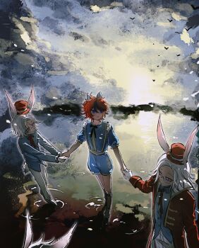 4boys absurdres alice&#039;s_adventures_in_wonderland alice_(alice_in_wonderland) alice_(alice_in_wonderland)_(cosplay) animal_ears aotsuki_eito black_hair black_ribbon blue_bow blue_eyes blue_shirt blue_shorts bow buttons center_frills chinese_commentary closed_mouth coat collared_shirt commentary_request cosplay frills full_body glasses hair_bow hat highres holding_hands i-hhdheheda male_focus mini_hat mini_top_hat multicolored_hair multiple_boys neck_ribbon open_clothes open_coat outdoors pants purple_eyes rabbit_boy rabbit_ears rabbit_tail red_coat red_hair red_hat red_ribbon ribbon semi-rimless_eyewear shirt short_hair shorts simple_bird smile streaked_hair sumino_takumi tail the_hundred_line_-last_defense_academy- top_hat two-tone_hair untucked_shirt white_hair white_pants white_rabbit_(alice_in_wonderland) white_rabbit_(alice_in_wonderland)_(cosplay)