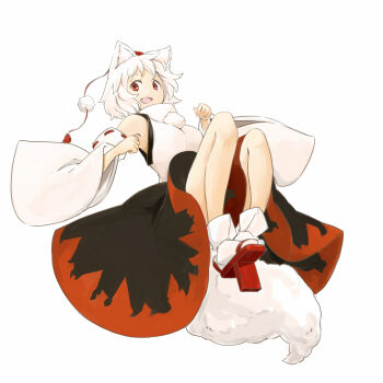 Rule 34 | 1girl, animal ears, bare shoulders, breasts, female focus, full body, geta, hat, inubashiri momiji, kokutei n, long sleeves, looking at viewer, open mouth, pom pom (clothes), red eyes, short hair, silver hair, simple background, solo, tail, tokin hat, touhou, white background, wolf ears, wolf tail