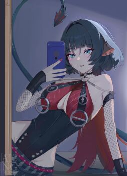 1girl animal_ears bare_shoulders black_hair black_one-piece_swimsuit black_sarong breast_curtains breasts choker cleavage collarbone commentary covered_navel earrings english_commentary fingernails fishnet_sleeves fishnets highres holding holding_phone jane_doe_(nocturne_of_light)_(zenless_zone_zero) jane_doe_(zenless_zone_zero) jewelry large_breasts leather_leotard long_hair mirror mouse_ears mouse_girl mouse_tail multicolored_hair notched_ear o-ring o-ring_choker o-ring_swimsuit official_alternate_costume one-piece_swimsuit parted_lips phone red_hair red_nails red_one-piece_swimsuit reflection reflection_focus sarong selfie sharp_tail solo swimsuit tail tumugi_sunohara two-tone_one-piece_swimsuit upper_body zenless_zone_zero