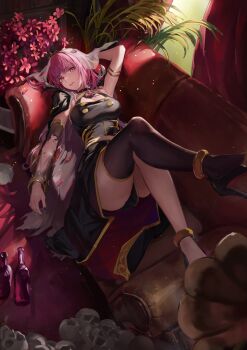 1girl absurdres anklet arm_up armlet black_cape black_dress black_shoes black_thighhighs black_tiara bluehead_white_dragon bottle breasts cape commentary couch detached_sleeves dress english_commentary from_above high_heels highres hololive hololive_english indoors jewelry knees_up large_breasts leg_up long_hair looking_at_viewer lying mori_calliope mori_calliope_(1st_costume) on_back on_couch petals pink_eyes pink_hair plant pumps shoes single_detached_sleeve single_thighhigh skull sleeveless sleeveless_dress smile solo sunlight thighhighs tiara torn_cape torn_clothes veil virtual_youtuber wine_bottle