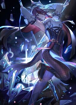 Rule 34 | 1girl, armpits, black shoes, breasts, brown pantyhose, detached sleeves, genshin impact, highres, large breasts, pantyhose, parted lips, red hair, rosaria (genshin impact), shoes, solo, standing, standing on one leg, tsugutoku