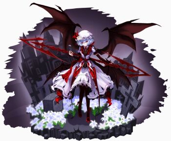 1girl alternate_costume bat_wings black_pantyhose blue_hair commentary detached_sleeves dress flower full_body grave hat highres koumajou_densetsu looking_at_viewer medium_hair merihari07 mob_cap pantyhose parted_lips red_eyes red_shoes remilia_scarlet scarlet_devil_mansion shoes short_sleeves smile solo spear_the_gungnir touhou vampire white_dress wings