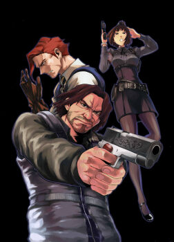 Rule 34 | 1girl, 2boys, bob cut, brown hair, capcom, garrison cap, gun, handgun, hat, high-waist skirt, highres, jessica sherawat, multiple boys, pantyhose, parker luciani, pencil skirt, pistol, raymond vester, resident evil, short hair, skirt, takahasi yoshiyuki, weapon