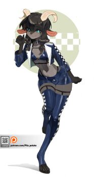 1boy absurdres animal_ears bikini black_shorts black_thighhighs body_fur brown_fur bulge choker commentary commission cropped_jacket ear_piercing earrings english_commentary furry furry_male goat_boy goat_ears goat_horns green_eyes highres hooves horns jacket jewelry male_with_breasts navel open_clothes open_jacket original piercing pita-potato shorts skindentation smile solo standing standing_on_one_leg stomach swimsuit thighhighs trap white_background