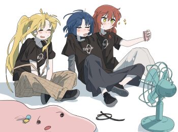 blob bocchi_the_rock! cable_tie cube_hair_ornament electric_fan gotoh_hitori hair_ornament highres ijichi_nijika kessoku_band kessoku_band_logo kita_ikuyo schu_1112 sweat yamada_ryo