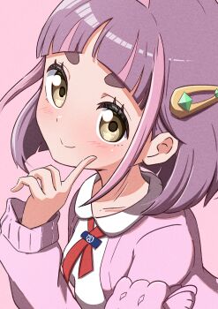 1girl absurdres arched_bangs blush breasts cardigan commentary_request finger_to_own_chin hair_ornament hairclip highres lacey_(pokemon) long_sleeves looking_at_viewer medium_hair nintendo open_cardigan open_clothes pink_background pink_hair pokemon pokemon_sv rono_(lethys) shirt simple_background smile solo thick_eyebrows upper_body white_cardigan white_shirt yellow_eyes